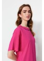 Trendyol Fuchsia 100% Cotton Embroidered Boyfriend Crew Neck Knitted T-Shirt