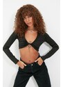 Trendyol Black Deep V Neck Super Crop Stretch Knitted Blouse