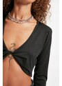 Trendyol Black Deep V Neck Super Crop Stretch Knitted Blouse