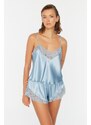 Trendyol Blue Lace Detailed Satin Undershirt-Shorts Woven Pajamas Set