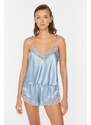 Trendyol Blue Lace Detailed Satin Undershirt-Shorts Woven Pajamas Set