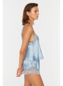 Trendyol Blue Lace Detailed Satin Undershirt-Shorts Woven Pajamas Set