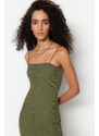 Trendyol Green Square Neck Spaghetti Straps Ribbed Flexible Fitted Mini Knitted Dress