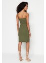 Trendyol Green Square Neck Spaghetti Straps Ribbed Flexible Fitted Mini Knitted Dress