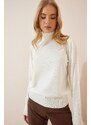 Happiness İstanbul Women's Cream Turtleneck Lightweight Balloon Sleeve Knitwear Sweater