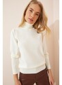 Happiness İstanbul Women's Cream Turtleneck Lightweight Balloon Sleeve Knitwear Sweater