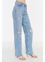 Trendyol modré roztrhané džíny s vysokým pasem a širokými nohavicemi