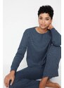 Trendyol Navy Blue Corded Cotton T-shirt-Pants Knitted Pajama Set