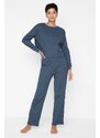 Trendyol Navy Blue Corded Cotton T-shirt-Pants Knitted Pajama Set