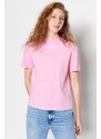 Trendyol Pink 100% Cotton Basic Stand Collar Knitted T-Shirt