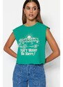 Trendyol Green 100% Cotton Printed Sleeveless Crop Crew Neck Knitted T-Shirt