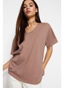 Trendyol Mink 100% Cotton Oversize/Wide Fit V-Neck Knitted T-Shirt