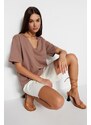 Trendyol Mink 100% Cotton Oversize/Wide Fit V-Neck Knitted T-Shirt