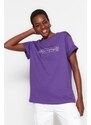 Trendyol Purple 100% Cotton Printed Boyfriend Crew Neck Knitted T-Shirt