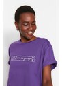 Trendyol Purple 100% Cotton Printed Boyfriend Crew Neck Knitted T-Shirt