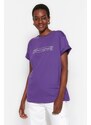 Trendyol Purple 100% Cotton Printed Boyfriend Crew Neck Knitted T-Shirt