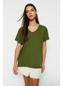 Trendyol Khaki 100% Cotton Boyfriend V-Neck Knitted T-Shirt