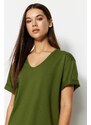 Trendyol Khaki 100% Cotton Boyfriend V-Neck Knitted T-Shirt