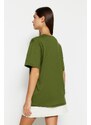 Trendyol Khaki 100% Cotton Boyfriend V-Neck Knitted T-Shirt