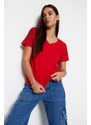 Trendyol Red 100% Cotton Basic V-Neck Knitted T-Shirt