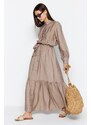 Trendyol Mink Belted Shoulder Detail Skirt With Flounces Woven Shirt Dress