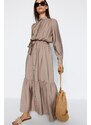 Trendyol Mink Belted Shoulder Detail Skirt With Flounces Woven Shirt Dress