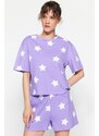 Trendyol Lilac 100% Cotton Star Pattern T-shirt-Shorts Knitted Pajamas Set