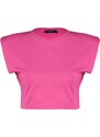 Trendyol Fuchsia 100% Cotton Padded Crop Crew Neck Knitted T-Shirt