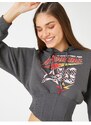 Koton Crop Sweatshirt with a Hooded Waist Corset Printed Long Sleeves Fleece Inner