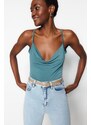 Trendyol Dark Mint Polka Dot Collar Straps, Flexible Knitted Bodysuit