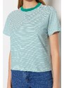 Trendyol Striped Green Ecru Premium Basic Crew Neck Knitted T-Shirt