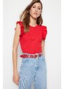 Trendyol Red Frill Detailed Corduroy Crew Neck Flexible Knitted Bodysuit