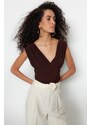 Trendyol Bitter Brown V-Neck Drape Detailed Fitted/Sleepy, Flexible Knitted Bodysuit