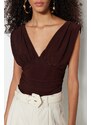 Trendyol Bitter Brown V-Neck Drape Detailed Fitted/Sleepy, Flexible Knitted Bodysuit