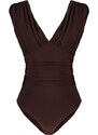 Trendyol Bitter Brown V-Neck Drape Detailed Fitted/Sleepy, Flexible Knitted Bodysuit