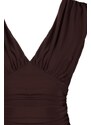 Trendyol Bitter Brown V-Neck Drape Detailed Fitted/Sleepy, Flexible Knitted Bodysuit