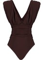 Trendyol Bitter Brown V-Neck Drape Detailed Fitted/Sleepy, Flexible Knitted Bodysuit