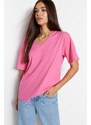 Trendyol Pink 100% Cotton Oversize/Wide Fit V-Neck Short Sleeve Knitted T-Shirt
