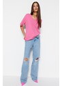 Trendyol Pink 100% Cotton Oversize/Wide Fit V-Neck Short Sleeve Knitted T-Shirt