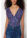 Trendyol Purple Printed V-Neck Drape Detailed Fitted/Sleeping Stretchy Knitted Bodysuit with Snap fastener