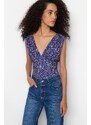 Trendyol Purple Printed V-Neck Drape Detailed Fitted/Sleeping Stretchy Knitted Bodysuit with Snap fastener