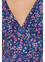 Trendyol Purple Printed V-Neck Drape Detailed Fitted/Sleeping Stretchy Knitted Bodysuit with Snap fastener
