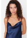 Trendyol Navy Blue Degajee Collar Back Detailed Satin Woven Nightgown