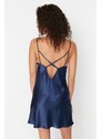 Trendyol Navy Blue Degajee Collar Back Detailed Satin Woven Nightgown