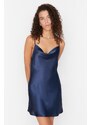 Trendyol Navy Blue Degajee Collar Back Detailed Satin Woven Nightgown