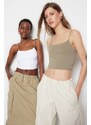 Trendyol Khaki-White 2-Pack Cotton Spaghetti Straps Crop, Stretchy Knit Undershirt