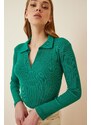 Happiness İstanbul Women's Vibrant Green Polo Neck Corduroy Knitted Blouse