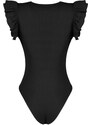 Trendyol Black Frill Detailed Corduroy Crew Neck Flexible Knitted Bodysuit
