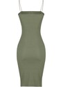 Trendyol Green Square Neck Spaghetti Straps Ribbed Flexible Fitted Mini Knitted Dress