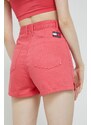 Džínové šortky Tommy Jeans dámské, růžová barva, hladké, high waist